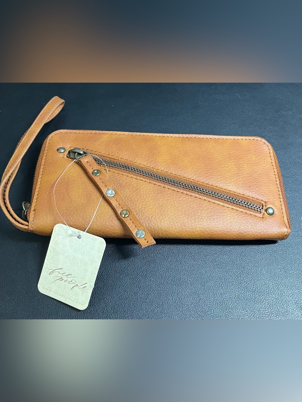 Free People Cognac Vegan Leather Wristlet with Stud Accent - NWT. Retail 58.00